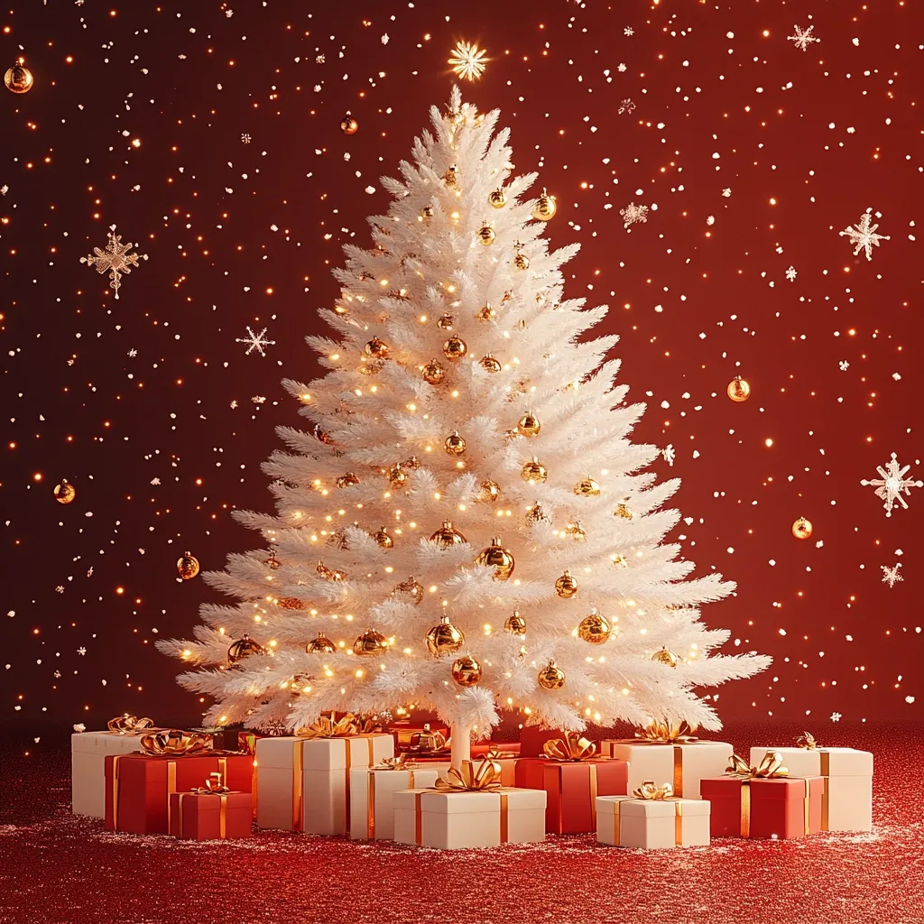 A large, white Christmas tree decorated with gold ornaments and twinkling lights stands against a red background. The tree is surrounded by a cluster of wrapped presents, adding to the festive atmosphere. Snowflakes gently fall, creating a magical winter wonderland. The scene is lit by warm, inviting lights, capturing the essence of the holiday season.