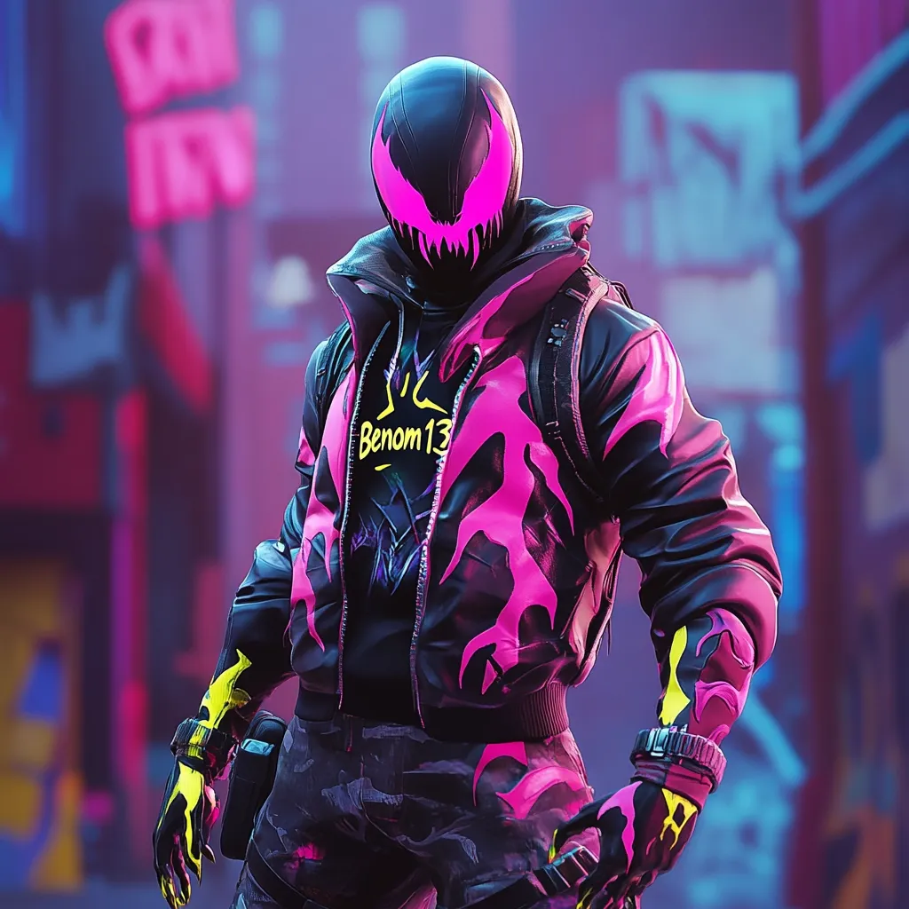 The image is of a person wearing a black and pink Venom-inspired costume. The costume features a black jacket with pink flames and a black helmet with a pink Venom symbol. They are standing in a dimly lit alleyway, with their hand on a gun.  The image has a dark and gritty aesthetic. The person's identity is concealed by the costume. The image could be interpreted as a representation of power and danger.  The lighting in the image creates a mysterious atmosphere. The overall vibe is edgy and cool.
