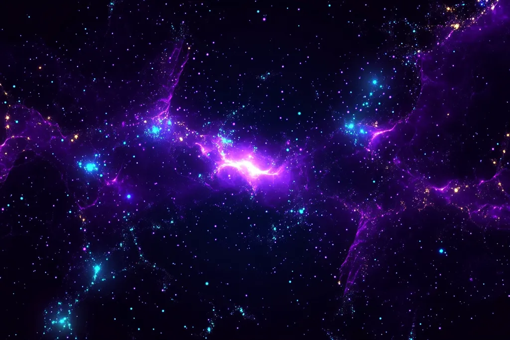 A dark expanse of space is filled with a swirling nebula of vibrant purple and blue hues. Scattered across the image are countless stars, twinkling in the vast emptiness. The nebula's light creates a dramatic contrast against the deep black background, suggesting a cosmic event of immense energy.