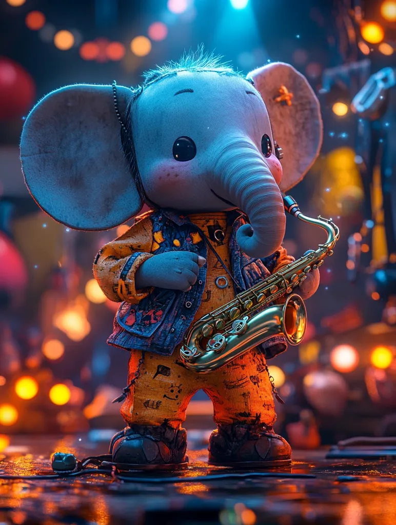 A cartoon elephant wearing a blue jacket and orange pants plays a saxophone in front of a brightly lit stage. The elephant has large, blue ears and a playful expression. The stage is decorated with twinkling lights, creating a festive atmosphere. The scene is rendered in a realistic style, highlighting the elephant's expressive features and the intricate details of the saxophone.