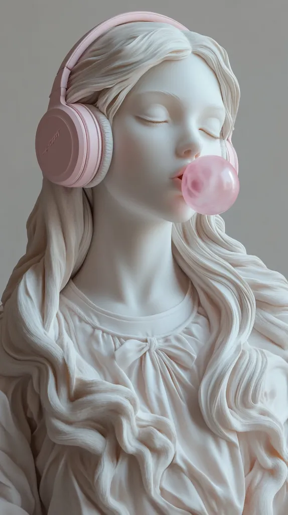 A white marble sculpture of a woman wearing pink headphones and blowing a pink bubble. Her eyes are closed and her hair flows down her shoulders in waves. The sculpture is intricately detailed, capturing the delicate features of the woman's face and the flowing fabric of her dress. The image is a playful and surreal depiction of beauty and innocence.
