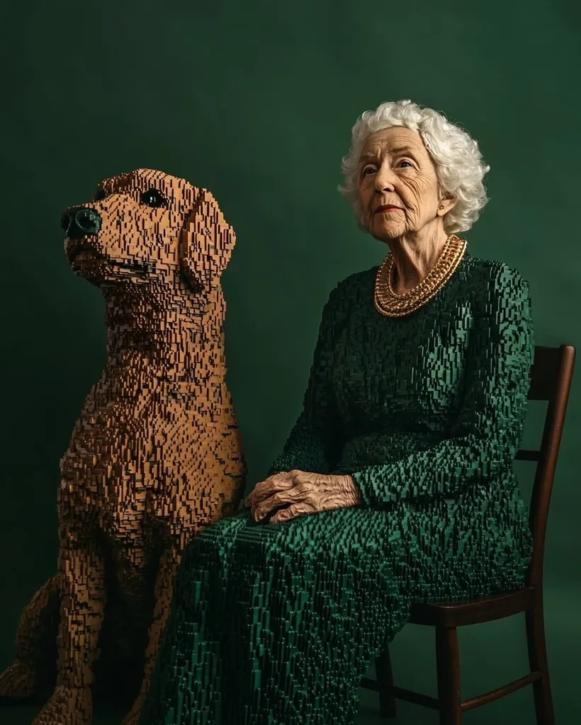 A woman with white hair and a green dress sits on a wooden chair, looking up. She is wearing a gold necklace. A large, brown, lego dog sits next to her. The background is a dark green wall. The woman and dog are made of Lego bricks.