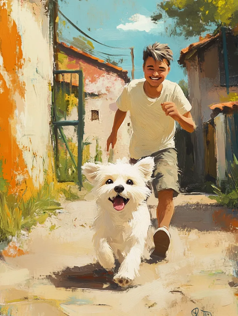 A young man with short brown hair is smiling as he walks down a narrow, dirt path with a white dog. The man is wearing a light colored t-shirt and khaki shorts and the dog is running in front of him, tongue out. Buildings and a green gate frame the path on the left side of the image and a green tree and more buildings are on the right. The sky is bright blue and the sun is shining. The image is painted in a loose, impressionistic style.