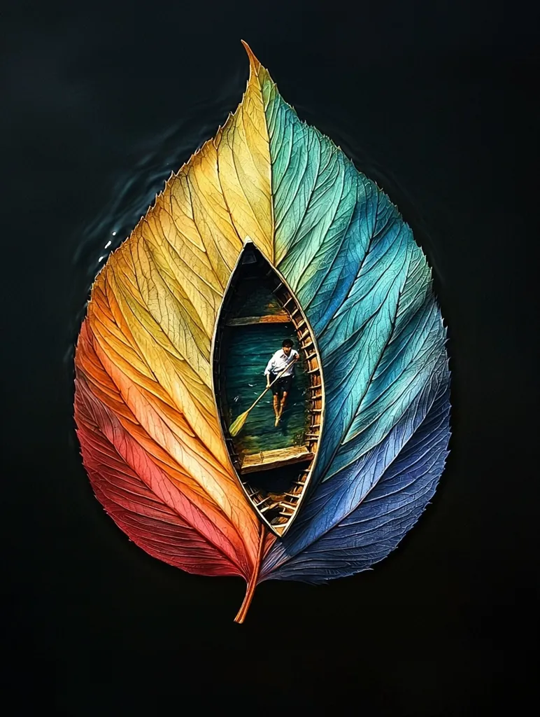 A single leaf, painted in vibrant hues of yellow, green, and blue, forms a heart shape.  A small wooden boat, occupied by a lone oarsman, is positioned inside the heart.  The boat is partially submerged, creating the illusion of water within the leaf. The image is a surreal and whimsical representation of nature and human existence.