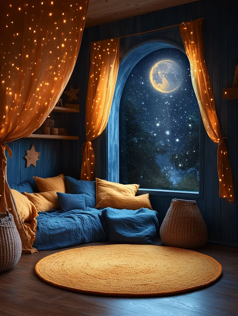 A cozy bedroom with a large window overlooking a starry night. The room is decorated with string lights, a blue couch with yellow pillows, a woven rug, and a wicker basket. The window is arched and framed by sheer curtains. The moon shines brightly in the sky, casting a soft glow on the scene. The overall atmosphere is serene and inviting, creating a peaceful and dreamy ambiance.