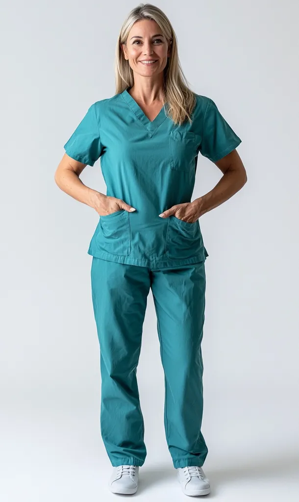 A woman with long blonde hair is wearing teal scrubs and white sneakers. She is standing with her hands in her pockets and looking directly at the camera. She is smiling and appears confident. The background is a plain white wall.