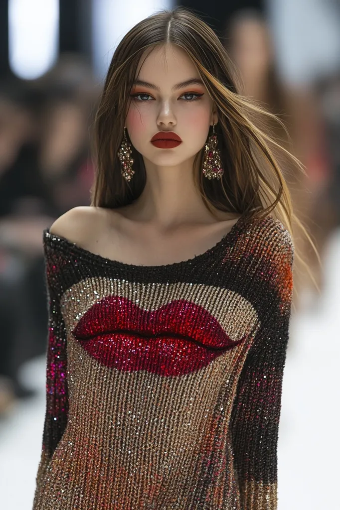 A young woman with long, flowing brown hair is wearing a sparkly black and gold sweater with a large red lip design on the front. She has a bold red lip and dark eye makeup, and she is wearing large gold earrings. Her face is serious, and she is looking directly at the camera. The background is blurry and out of focus.  The woman is likely a fashion model walking down a runway.