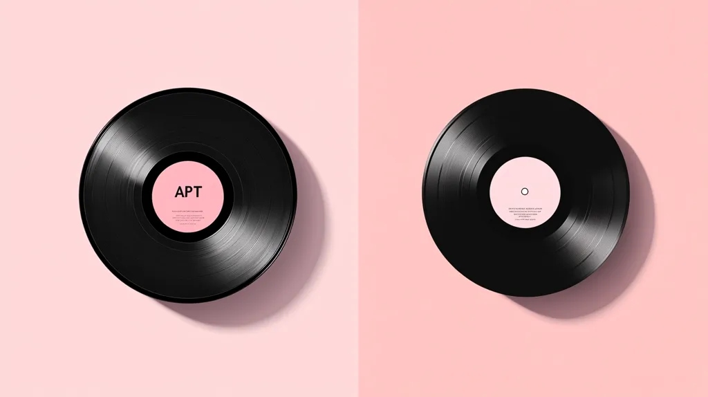 Two black vinyl records lie on a pink surface, one on each side of the image. The record on the left has "APT" written in black letters on the label, while the record on the right has a simple circle on its label. The image is minimalist and focuses on the records and their labels. The records are in focus, while the background is slightly out of focus. The image creates a sense of nostalgia and simplicity.