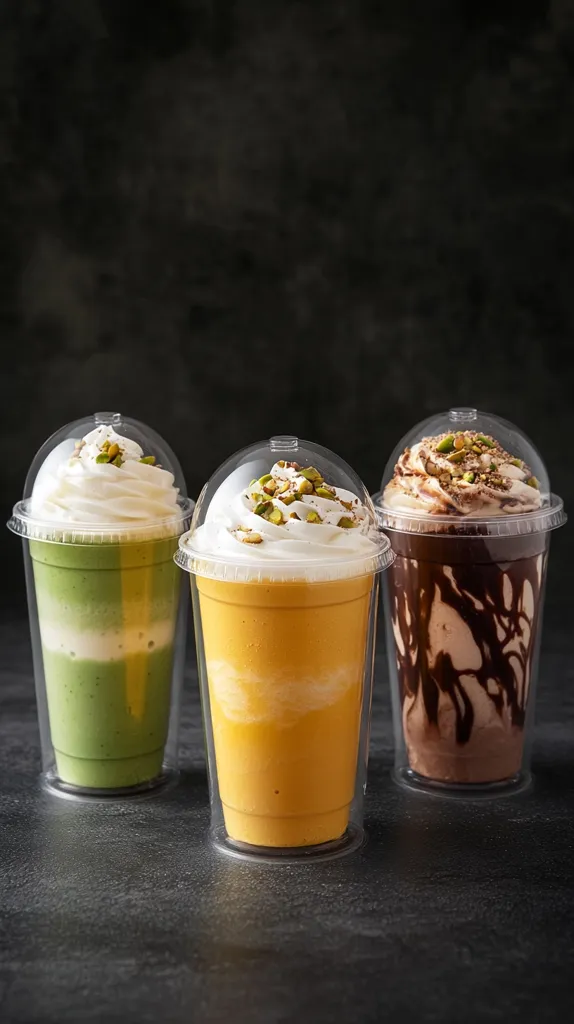Three plastic cups filled with different smoothies are arranged in a row. The leftmost cup contains a green smoothie with white whipped cream on top. The middle cup holds a yellow smoothie also topped with whipped cream. The rightmost cup is filled with a brown smoothie with whipped cream and chocolate drizzle. All three cups are on a dark gray surface.