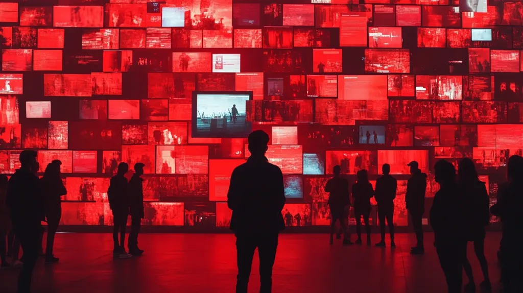 A group of people stand silhouetted in front of a wall covered in red screens. The screens are arranged in a grid pattern and display images that are too blurry to make out. The red light creates a stark contrast with the black figures, making the scene feel both mysterious and slightly unsettling.  The red hue suggests a sense of intensity and urgency, hinting at a possible narrative of information overload or a hidden message.