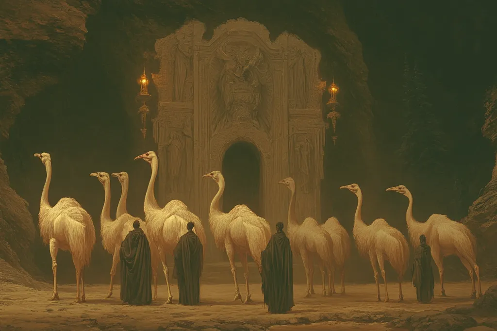 A group of six white ostriches stand in front of a grand, ornate stone archway, illuminated by two glowing lanterns. The archway appears to be a gateway to another world, with its intricate carvings and shadowy depths. The ostriches are depicted in a majestic and dignified pose, their heads held high as if they are guardians of the portal. Two figures in dark cloaks stand beside the ostriches, adding an air of mystery and intrigue to the scene. The overall mood is one of awe and wonder, suggesting that the ostriches are about to embark on a journey of discovery.