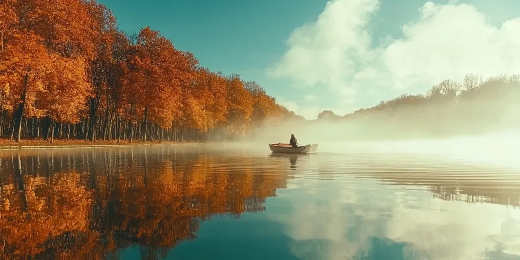 A lone boat navigates a calm lake, surrounded by a misty autumnal forest. The vibrant orange hues of the leaves are reflected in the water, creating a serene and peaceful atmosphere. The sky is a soft blue, with fluffy white clouds adding to the dreamy quality of the scene.  The air is still and the sunlight is gentle, casting long shadows across the water.  The scene is tranquil and inviting, capturing the essence of a quiet autumn day.