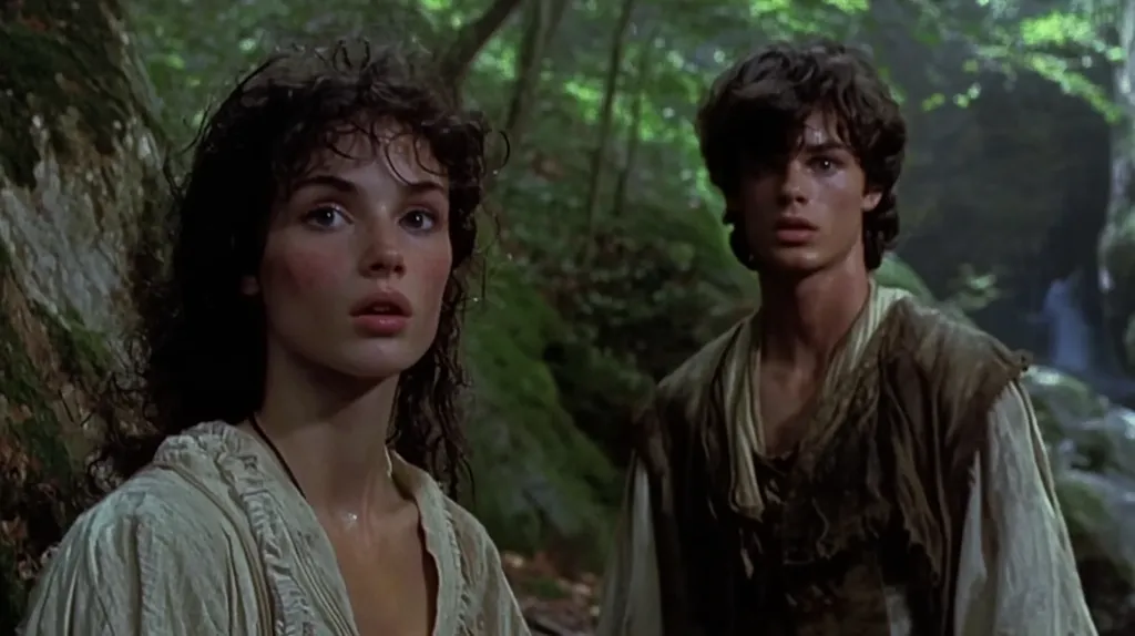 A young woman with long, dark hair and a white, ruffled blouse stands next to a young man with dark hair and a brown, tattered tunic. They are in a forest, with lush green foliage and a waterfall in the background. The woman looks slightly worried, while the man appears concerned. Their expressions suggest a sense of danger or uncertainty.  The scene has an air of mystery and adventure.