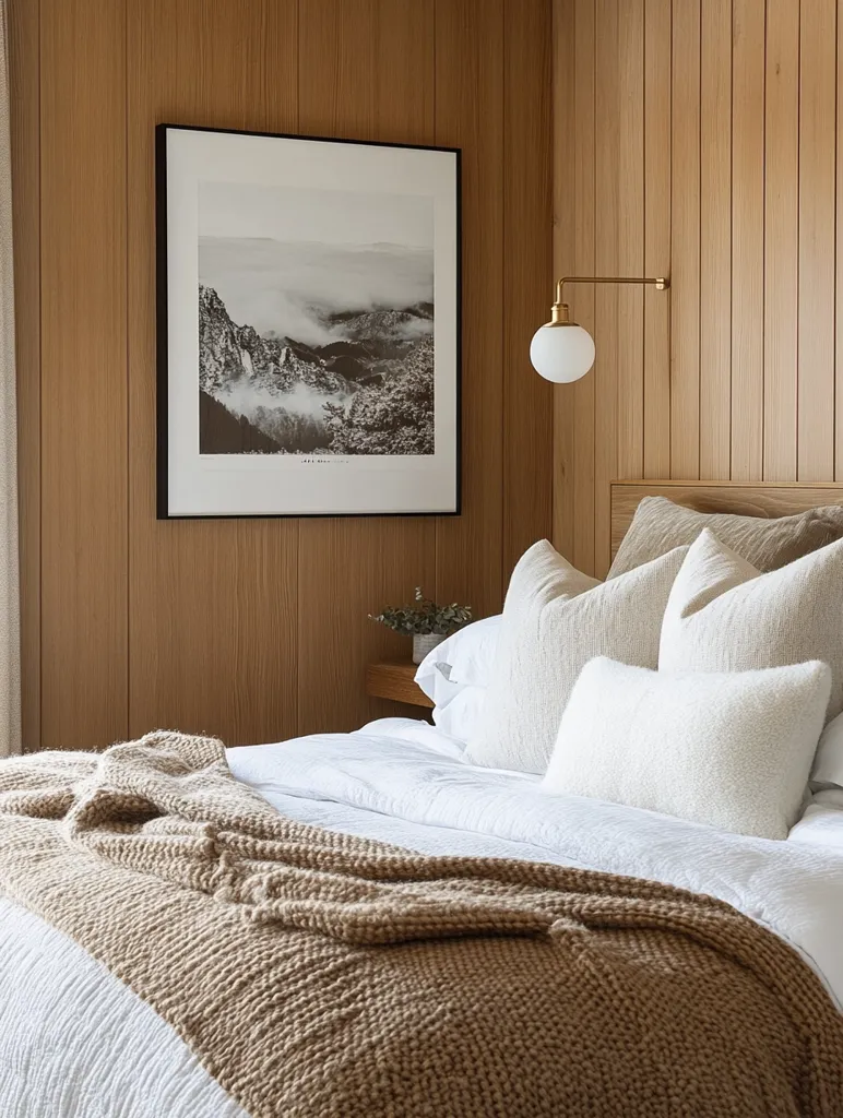 A cozy bedroom with a minimalist aesthetic. The bed is dressed in white linens and a chunky knit throw blanket. A black and white photo of a mountain range hangs on the wall behind the bed. A brass wall sconce with a white globe casts a soft glow on the scene. The walls are paneled in wood, creating a warm and inviting atmosphere.  The room is decorated with a few simple, natural elements, such as a potted plant.  A white throw pillow adds a touch of texture.