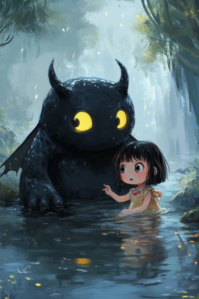 A large, black, furry creature with horns and large yellow eyes stands in a shallow stream of water next to a young girl with large, brown eyes. The creature looks at the girl with curiosity, and she points at something off-screen, seemingly excited to show it to her new friend. They are surrounded by trees and green foliage, and the air is misty.  The scene is painted in a cartoonish style, with exaggerated features and bright colors.