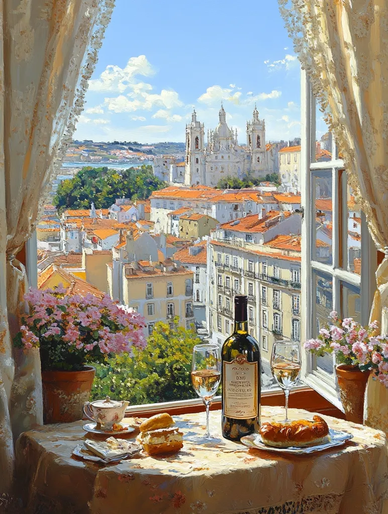 A picturesque scene of a window overlooking a cityscape. The window is framed by lace curtains and features a table set with a bottle of wine, two glasses, and pastries. The cityscape includes a large church and traditional buildings, with a river visible in the background. The overall tone is serene and inviting.
