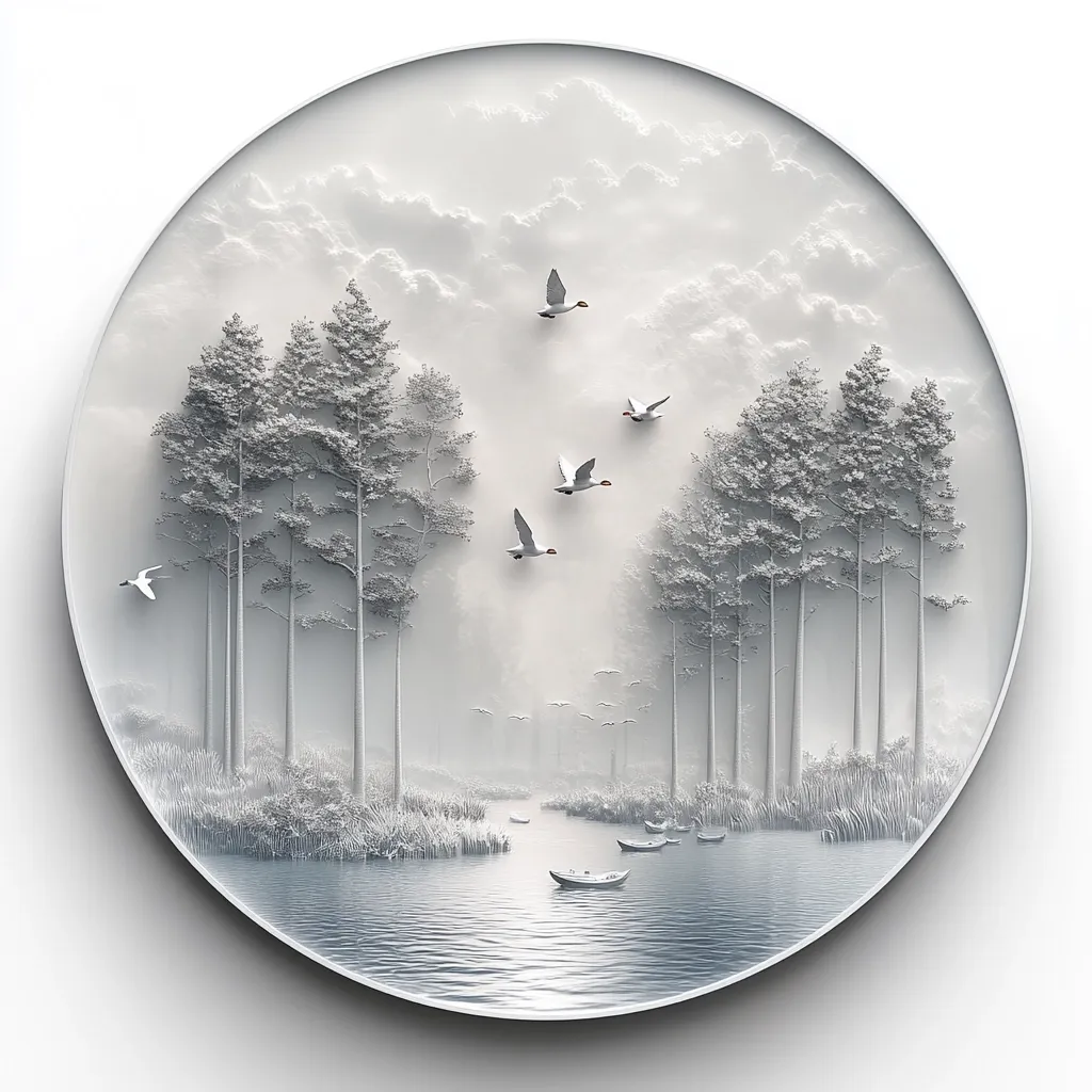 The image is a circular artwork depicting a serene lakeside scene.  Two clusters of tall, slender trees stand on either side of a calm, blue lake.  A misty fog hangs in the air, and several small boats float peacefully on the water.  Several birds fly overhead, adding to the tranquil atmosphere. The artwork is rendered in a minimalist style, with a muted color palette and a focus on the natural elements.