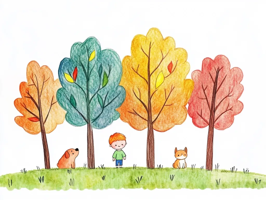 The illustration depicts a young boy standing in a field surrounded by four colorful trees. Two of the trees have reddish-orange leaves, one is a vibrant green, and the last one is a mix of yellow and orange. The boy is wearing a blue shirt and green pants, and his hair is a reddish orange. There is a small dog to the left of the boy, and a cat to the right. The grass is a light green, and the background is white.