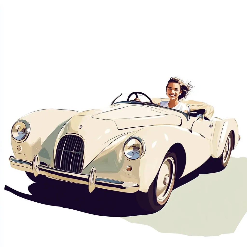 A woman with windblown hair smiles as she drives a classic, white convertible car. The car is depicted in a simple, cartoon-like style, with the focus being on the happy woman behind the wheel. The car has a large, chrome grille and sleek, rounded bodywork, giving it a vintage charm. The background is a simple white, allowing the car and the woman to be the center of attention.  The image has a joyful and carefree feel, suggesting a pleasant drive through a beautiful day.