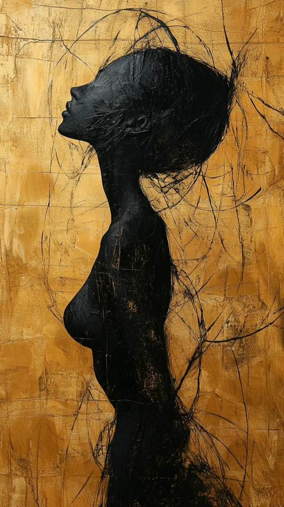 The image depicts a woman with dark skin, her body is a black silhouette against a gold background. The woman's head is tilted back, and her hair is long and flowing. She appears to be looking upward, and her expression is serene. The background is a textured gold, with strokes of black paint creating a web-like pattern. The image has a sense of mystery and beauty.