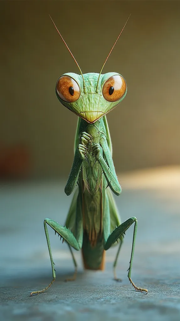 A praying mantis with large, round, orange eyes and a green, segmented body is sitting on a surface. It has long, thin legs and its forelegs are held together in a praying position. The mantis is facing the camera and appears to be looking directly at the viewer. The background is a blurred out of focus beige color.