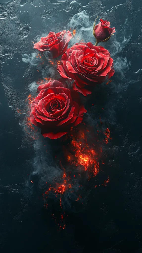 Three vibrant red roses with their stems are set against a dark, textured background. The roses appear to be emerging from swirling smoke and flames, creating a dramatic and ethereal effect. The image suggests a contrast between the delicate beauty of the roses and the intensity of the fire.
