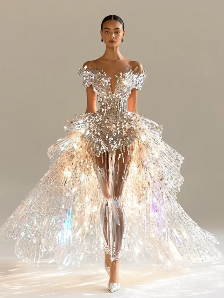 A woman with dark hair and a neutral expression wears a stunning, shimmering gown.  The gown is made of silver sequins and sheer fabric, and features a plunging neckline and a voluminous skirt.  The skirt is made up of layers of fringe-like fabric, creating a dramatic and ethereal effect.  The gown is completed with silver heels.  She appears to be walking towards the viewer.  The photo is shot against a pale background, allowing the gown to stand out.