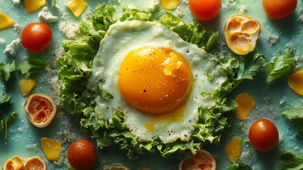 A perfectly fried egg sits in a bed of fresh green lettuce.  Around the egg are pieces of cheese, tomatoes, and other ingredients, creating a vibrant and delicious-looking breakfast. The green background and bright colors make the image inviting and appetizing.  The light dusting of salt and pepper adds a final touch to this culinary masterpiece.