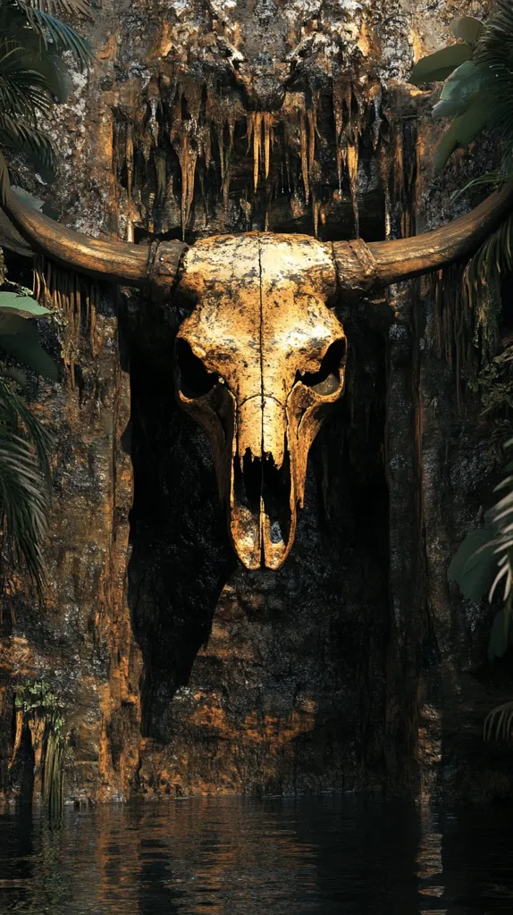 A golden bull skull is mounted on a rocky wall with dripping water, surrounded by lush green foliage.  The skull's horns extend outward,  creating a dramatic entrance.  The scene is dark and mysterious, suggesting an ancient or forgotten place.  A pool of water reflects the scene below.