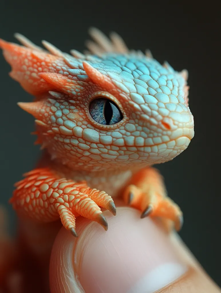 A small, brightly colored lizard sits on a finger, its blue and orange scales shimmering. Its large, dark eye stares intently at the camera. Its tiny claws grip the finger firmly, showcasing its reptilian nature. The lizard's skin is textured with tiny scales, creating a beautiful pattern of intricate detail.