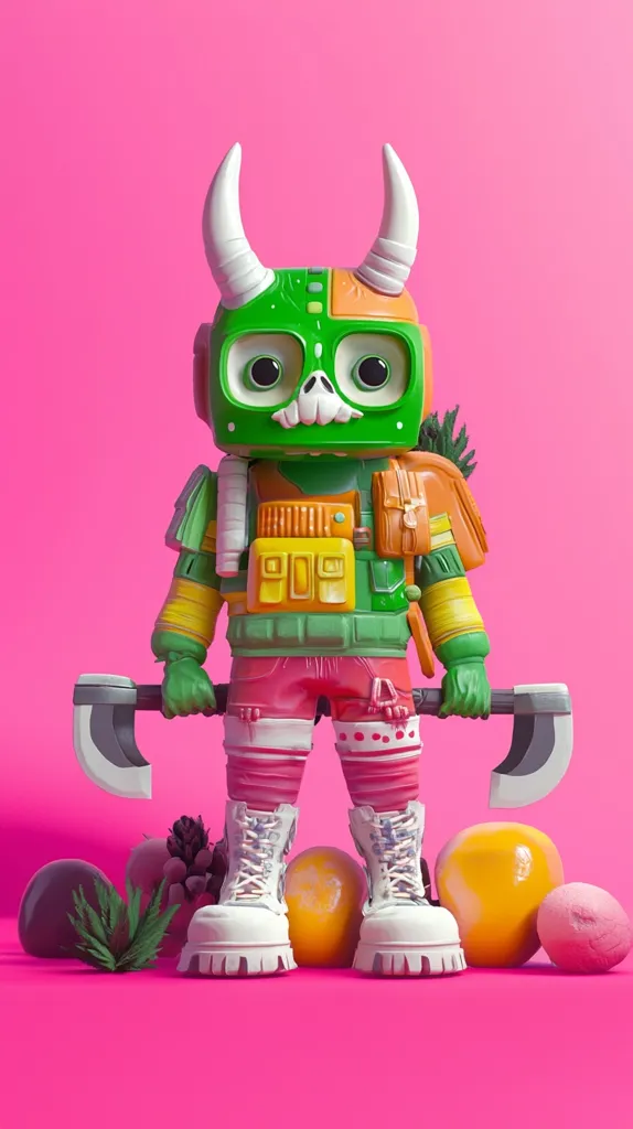A green and orange cartoon character with horns and a skull-like face is standing on a pink surface with a pair of axes. The character is wearing a backpack, a pink and white outfit and white boots. There are some fruit and plants around the character. The image has a playful and cartoonish style.