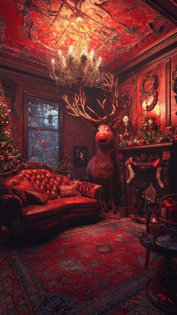 A cozy living room with a red velvet couch, a Christmas tree in the corner, and a large reindeer statue in the center. The room is decorated in a festive style with a fireplace, a chandelier, and a red patterned rug. The walls are painted in a deep red color, and the ceiling is ornate with a detailed pattern.  The window looks out onto a snowy winter scene.  The reindeer is looking up at the viewer with a mischievous smile. The scene is both charming and slightly eerie.