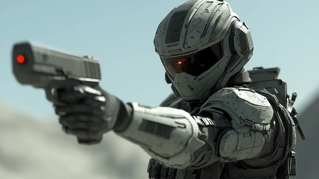 A futuristic soldier in a white and grey battle suit, with a helmet covering their face, is holding a handgun in their right hand.  Their left hand is obscured, and a red laser beam can be seen coming from the gun. The soldier is facing towards the left of the image, with the barrel of the gun pointing directly at the viewer.  The background is a blurred image of a desert-like environment.