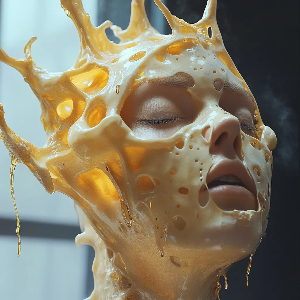 The image shows a person with their eyes closed, their face covered in a gooey, golden substance that resembles honey. The substance flows down the person's face and neck, creating a striking and unusual visual. The lighting highlights the texture of the honey, giving it a translucent and glistening appearance. The image evokes a sense of both beauty and discomfort.