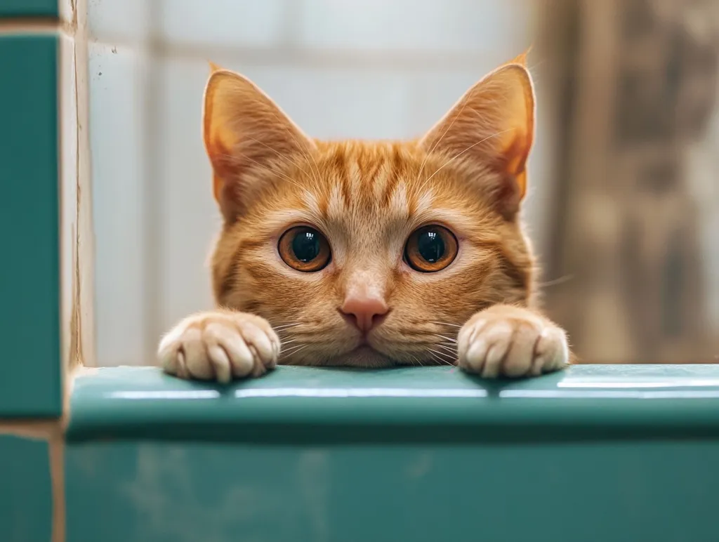 A ginger cat with large, curious eyes peeks over the edge of a turquoise tiled surface. The cat's paws are resting on the edge, and its body is hidden from view.  The cat's expression is one of playful curiosity, as it seems to be watching something out of frame.  The image is a portrait of a cat's inquisitive nature, with the focus on its large, expressive eyes.