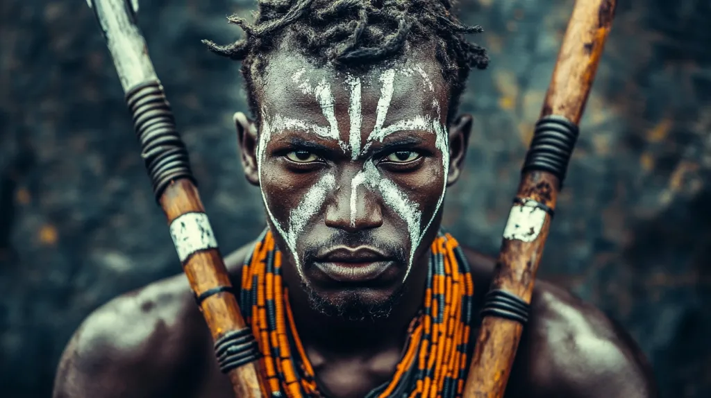 A young African man with white paint on his face and wearing orange and black beads stares directly at the camera. He holds two spears in his hands. The background is dark and out of focus. The image has a tribal and fierce feel.  The man's expression is intense and focused.  The lighting is dramatic and the overall image is striking.