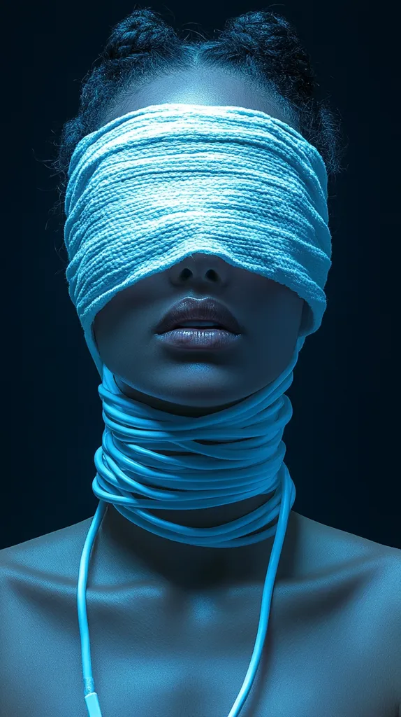 A woman with her eyes covered by a white cloth bandage. Her neck is wrapped in a thick blue cord, and she is illuminated by a blue light.  Her lips are slightly parted, giving a sense of vulnerability and mystery. The image evokes a feeling of confinement and uncertainty.