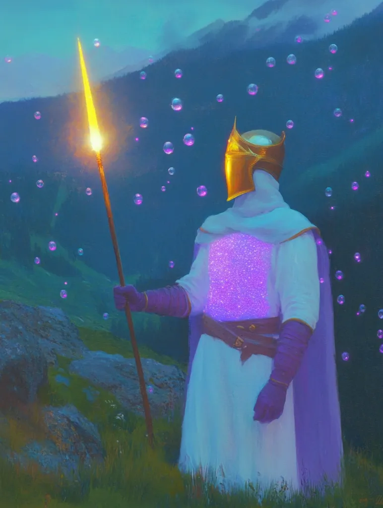 A figure in a white robe and golden helmet stands in a mountainous landscape, holding a glowing spear.  They are surrounded by a shower of ethereal, purple bubbles that float through the air.  The scene is bathed in a blue light, giving the image a dreamlike feel.  The landscape behind them is a blur of greens and blues, creating a sense of depth and distance.  The overall effect is one of mystery and wonder.