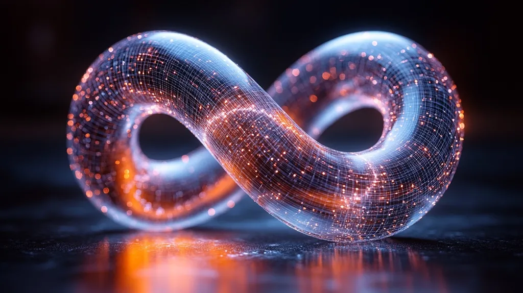 The image is a 3D rendering of an infinity symbol made of glowing, interconnected lines, resembling a mesh or net. It's a vibrant and intricate composition with an orange-blue color scheme. The lines appear to be glowing, creating a sense of energy and motion. The symbol is set against a dark, reflective background, enhancing its depth and beauty. The image evokes a sense of continuity, endlessness, and the interconnectedness of all things.