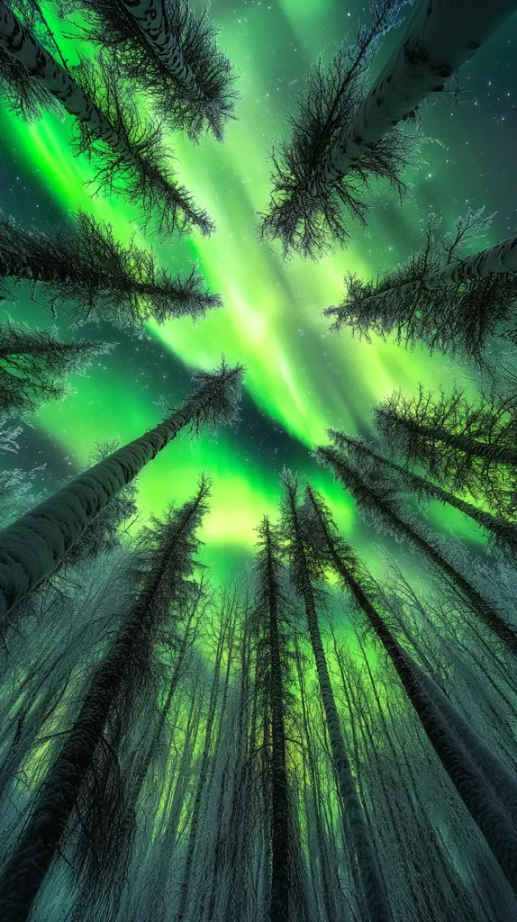 The image shows a forest of tall, slender trees reaching up towards a vibrant green aurora borealis, illuminating the night sky. The branches of the trees are silhouetted against the luminous green display, creating a striking contrast. The scene exudes a sense of awe and wonder, highlighting the natural beauty of the night sky.