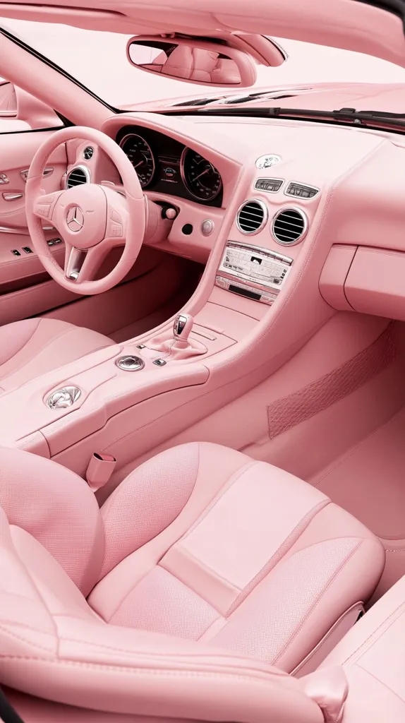 A pink car interior with a pink leather steering wheel and seats. The dashboard is also pink, with a black infotainment screen. The driver's seat is in focus and the passenger seat is visible in the background. The car appears luxurious and stylish, and the pink color adds a touch of femininity.