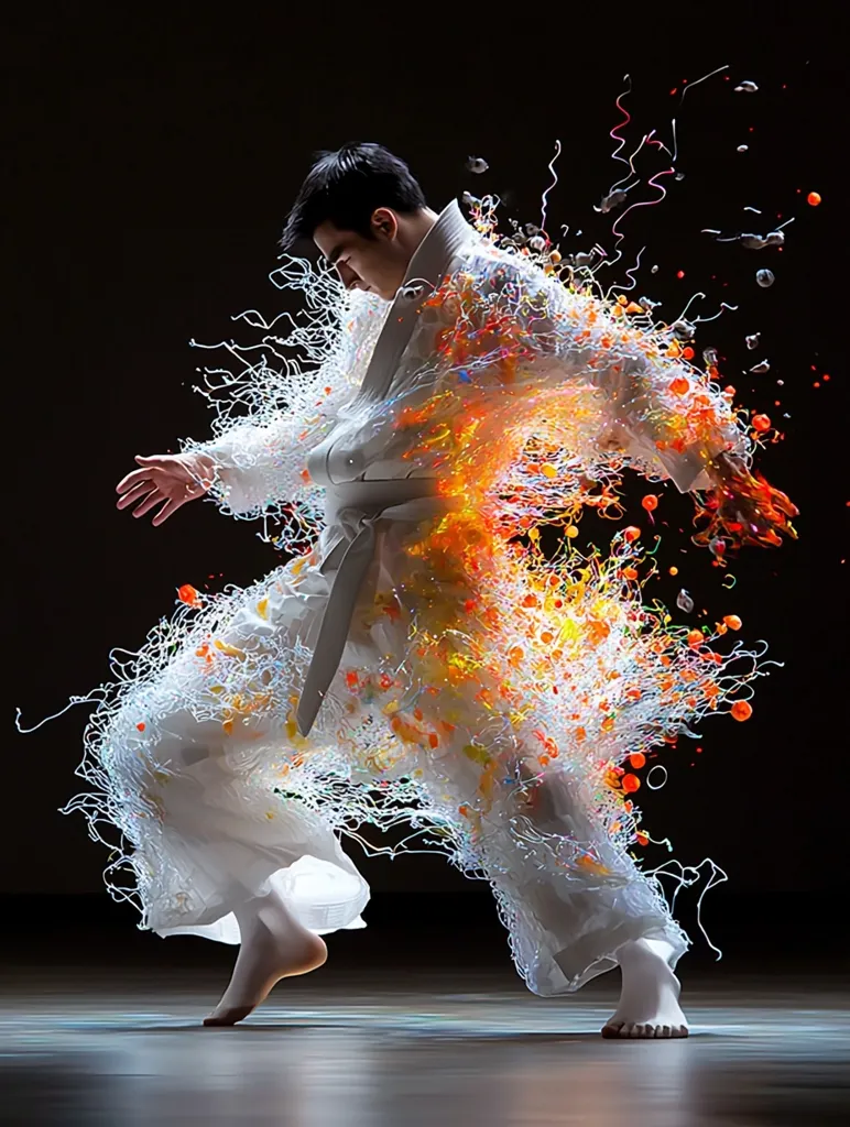 A man in a white karate gi is performing a martial arts move. He is surrounded by a burst of colorful, swirling lines and droplets, creating a dynamic and abstract effect. The image is lit with a spotlight, highlighting the figure against a dark background. The pose and the visual effects convey a sense of power, energy, and movement.