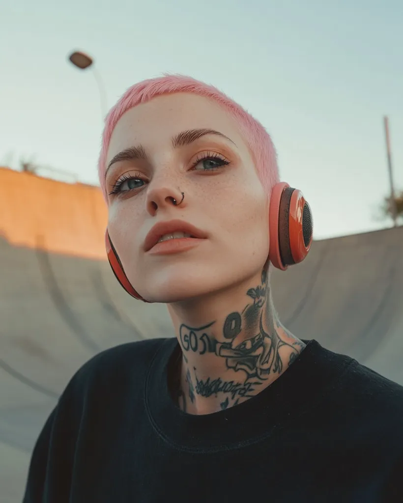 A young woman with pink hair and a nose ring is wearing a black shirt and large, red headphones over one ear. She has several tattoos on her neck, including a cartoon-like design. She is looking directly at the camera, and her expression is serious. The background is out of focus, but appears to be a concrete surface.