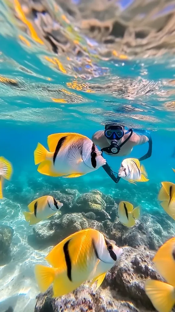 A scuba diver wearing a mask and snorkel observes a school of brightly colored yellow and black fish swimming in the clear blue waters. The fish have distinctive markings and appear to be in a tropical environment. The diver is enjoying the underwater world and interacting with the marine life.  The image captures a moment of peaceful co-existence between humans and nature.