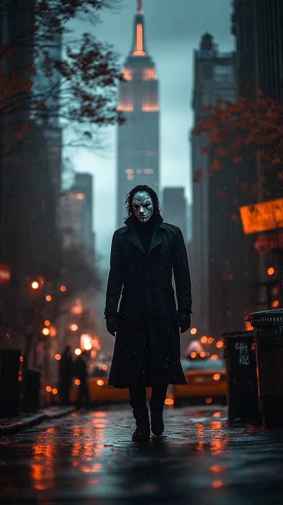 A person in a long black coat and a white mask walks down a wet city street with blurred lights reflecting on the puddles. The towering cityscape behind them is out of focus, suggesting an ominous or mysterious atmosphere. The person's expression is obscured by the mask, adding to the sense of intrigue. The image creates a feeling of isolation and anonymity in an urban environment.
