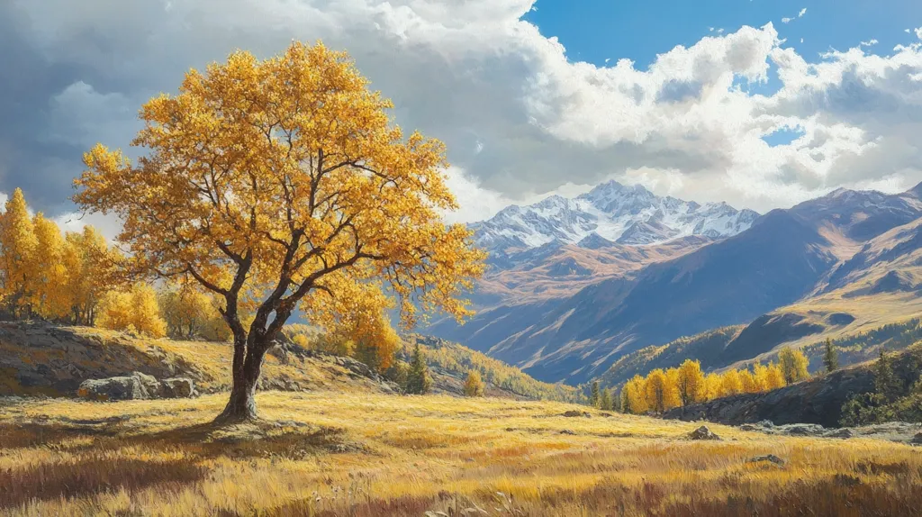 A lone, golden-leafed tree stands in the foreground, its branches reaching towards a breathtaking mountain range in the distance.  The sky is a canvas of bright blue, punctuated by fluffy white clouds. The mountain peaks are capped with snow, contrasting with the vibrant yellow hues of the autumn foliage. The scene evokes a sense of peace and tranquility, capturing the beauty of nature's transition.