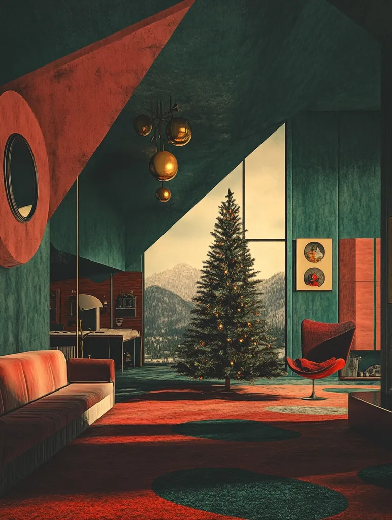 A modern living room with a large window overlooking a snowy mountain landscape. A Christmas tree stands in the center, adorned with lights. The room is decorated in a bold color scheme of red and green, with geometric shapes and a unique chandelier. A long couch and an egg-shaped chair complete the minimalist and stylish design. The warm light from the window creates a welcoming atmosphere.