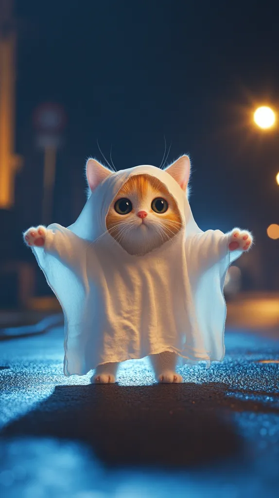 A cute orange and white cat is dressed as a ghost. It is wearing a white sheet with a hood. It is standing on a wet sidewalk at night. Streetlights illuminate the scene. The cat's eyes are wide with curiosity. It looks as though it is ready to go trick-or-treating!