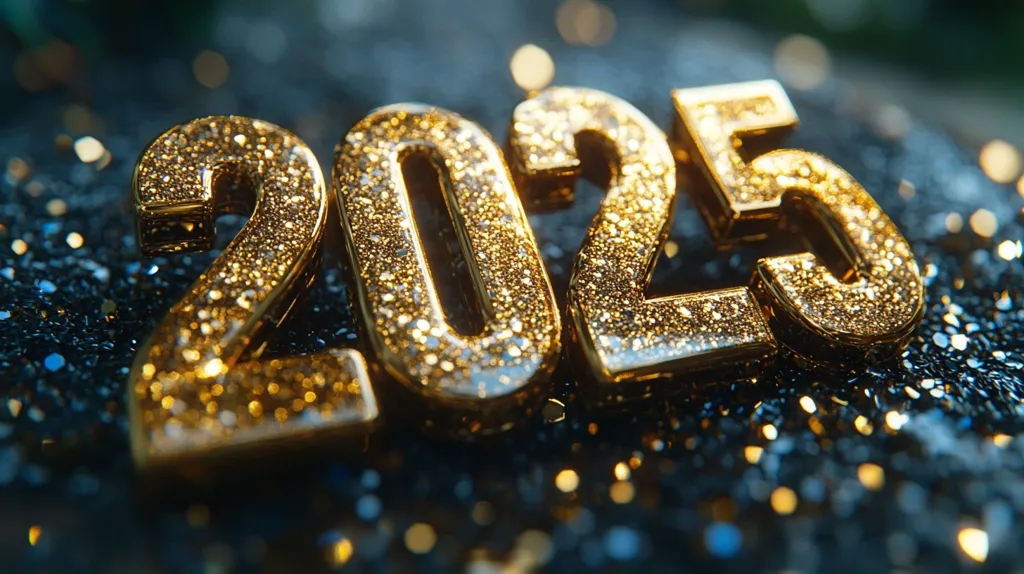 The image shows the year 2025 written in large, sparkling gold letters. The letters are covered in glittering sequins or tiny gold dots, giving them a festive and celebratory feel. The background is a dark, textured surface with a blurred out bokeh effect, which enhances the shiny and opulent look of the numbers. The image evokes a sense of excitement and anticipation for the new year.