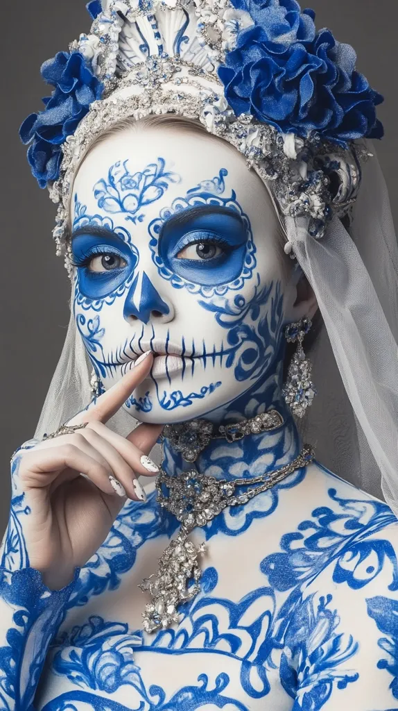 A woman is wearing a white veil and elaborate blue and silver crown. She has blue and white makeup, reminiscent of a sugar skull, covering her face and body.  She is wearing a diamond necklace and is touching her lips with her finger.  The woman is looking to the left, with a thoughtful expression. The background is a plain gray.